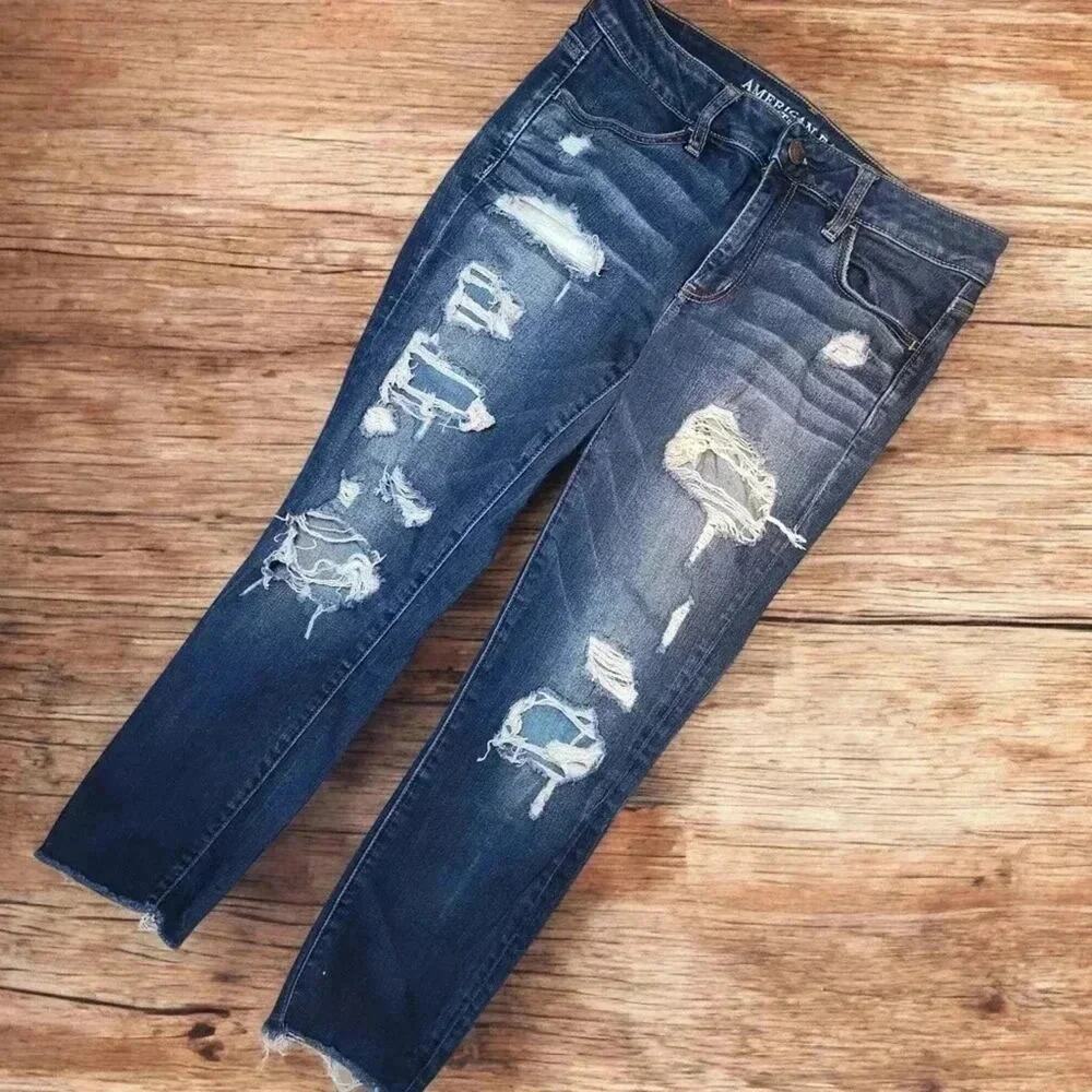 American Eagle Super Stretch Distressed Cropped Womens Jeans Size 8 Dark Wash